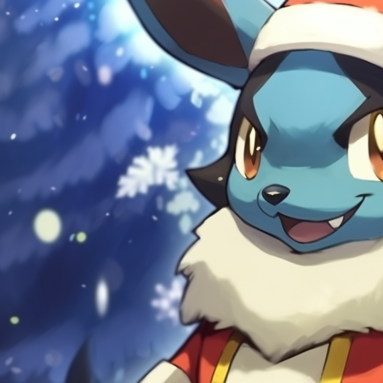 Lucario duo releasing their powers, set against a snowy evening, sparkling lights visible in the aura. highlighted lucario christmas profile pictures pfp for discord.