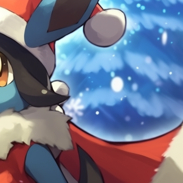 Lucario duo releasing their powers, set against a snowy evening, sparkling lights visible in the aura. highlighted lucario christmas profile pictures pfp for discord.