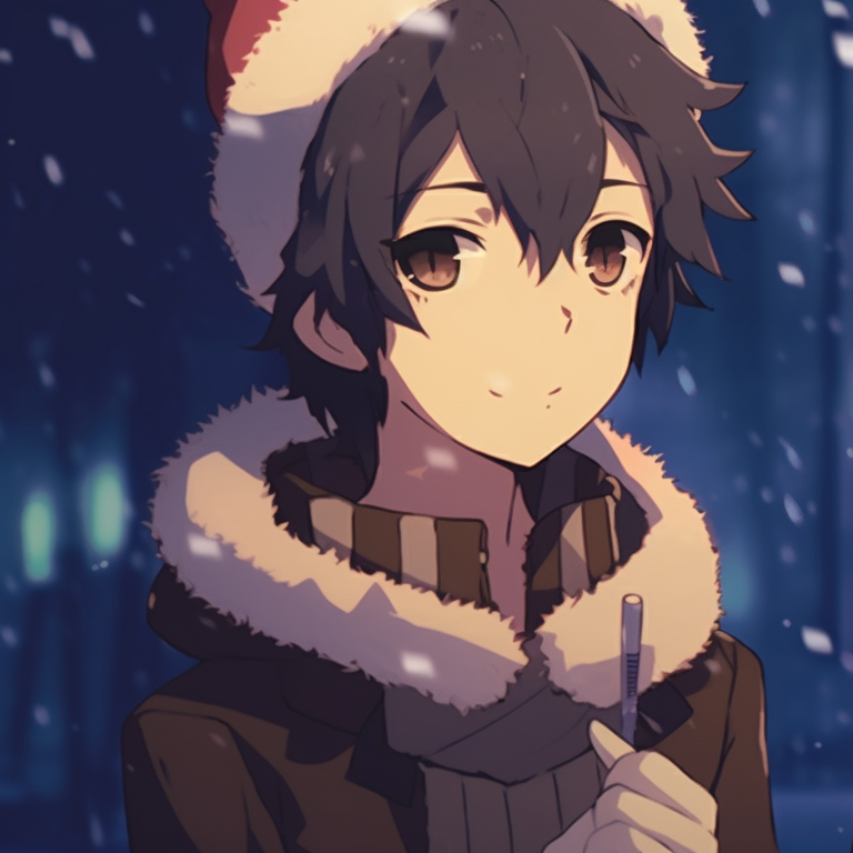 Two characters in winter attire, surrounding snowflakes and a moonlit sky. dazzling matching gif christmas pfp pfp for discord.