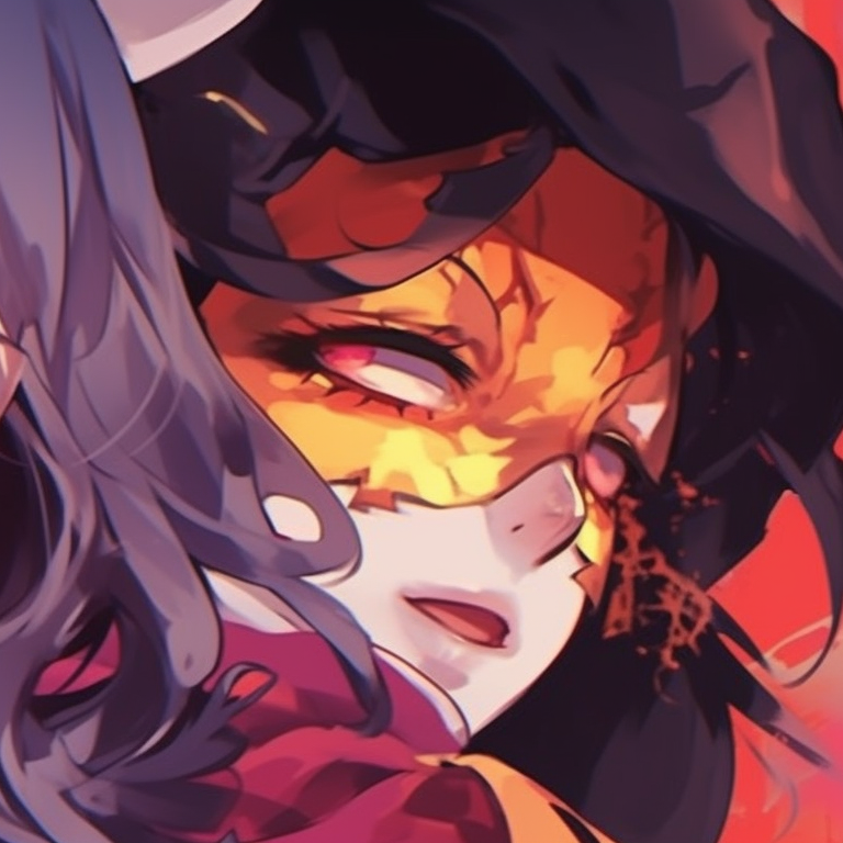 Two characters, steely sharp gazes, murky background with a burst of bright colors. hot matching pfp halloween theme aesthetics pfp for discord.