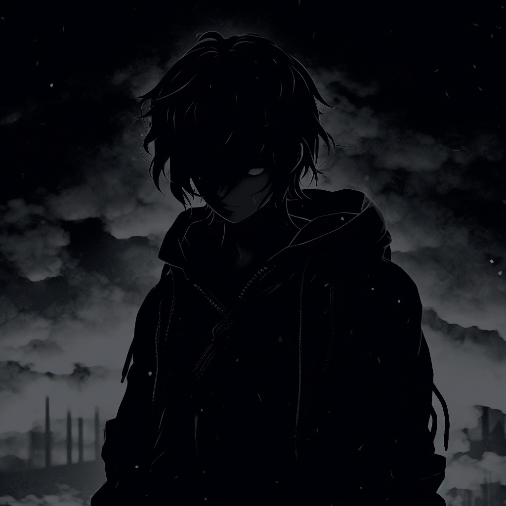 Close-up of an anime character set in a dark night, featuring sharp contrasts between light and shadow. anthology of anime pfp dark aesthetic pfp for discord.