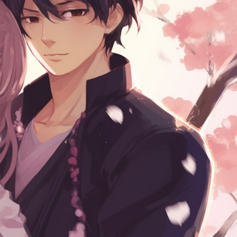 Two characters under sakura blossoms, soft pink hues and dramatic lines. endearing matching couple pfp pfp for discord.