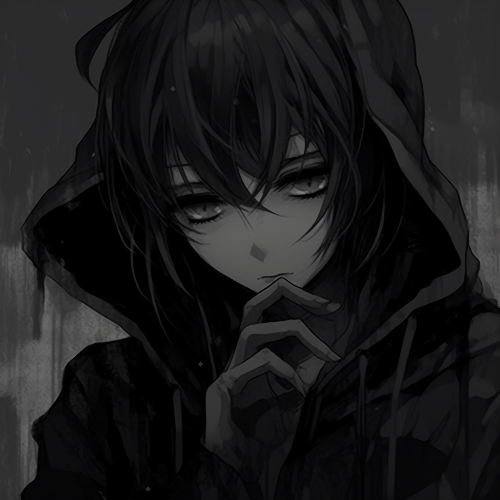 Contrasting red eyes of a dark figure, deep saturation against monochromatic backdrop. aesthetic darkness anime pfp pfp for discord.