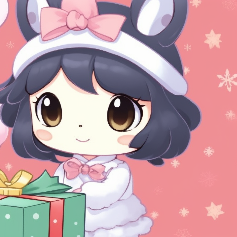 My Melody characters, soft pastel shades, hands holding a Christmas present. unique matching my melody pfp for christmas pfp for discord.
