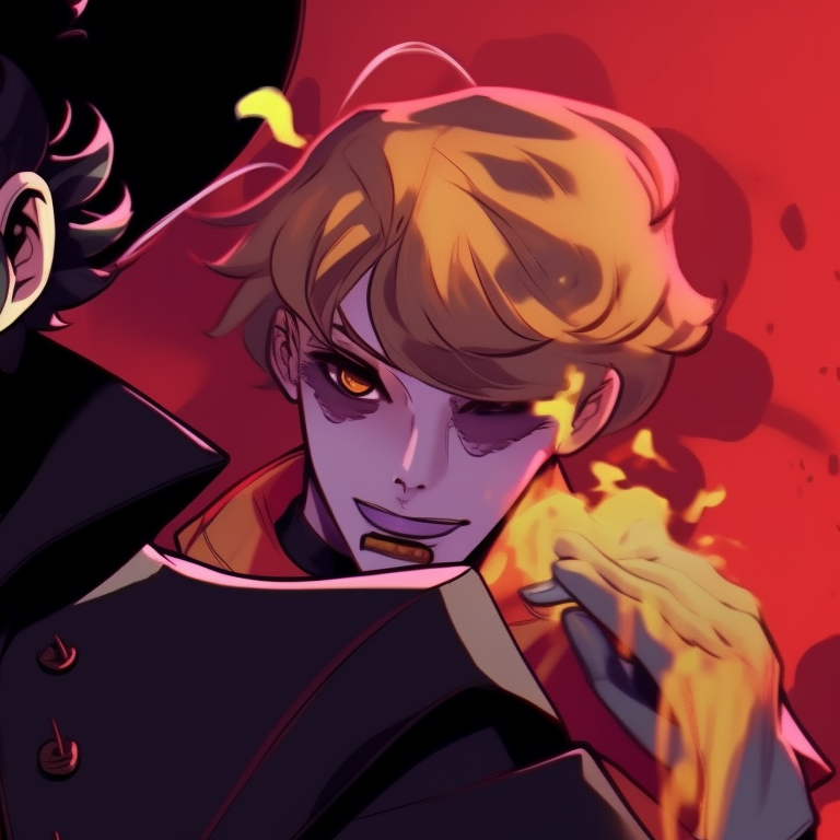 Two Jjba characters under a moonlit sky, in Halloween attires, soft hue background with detailed expressions. jjba matching pfp halloween special icons pfp for discord.