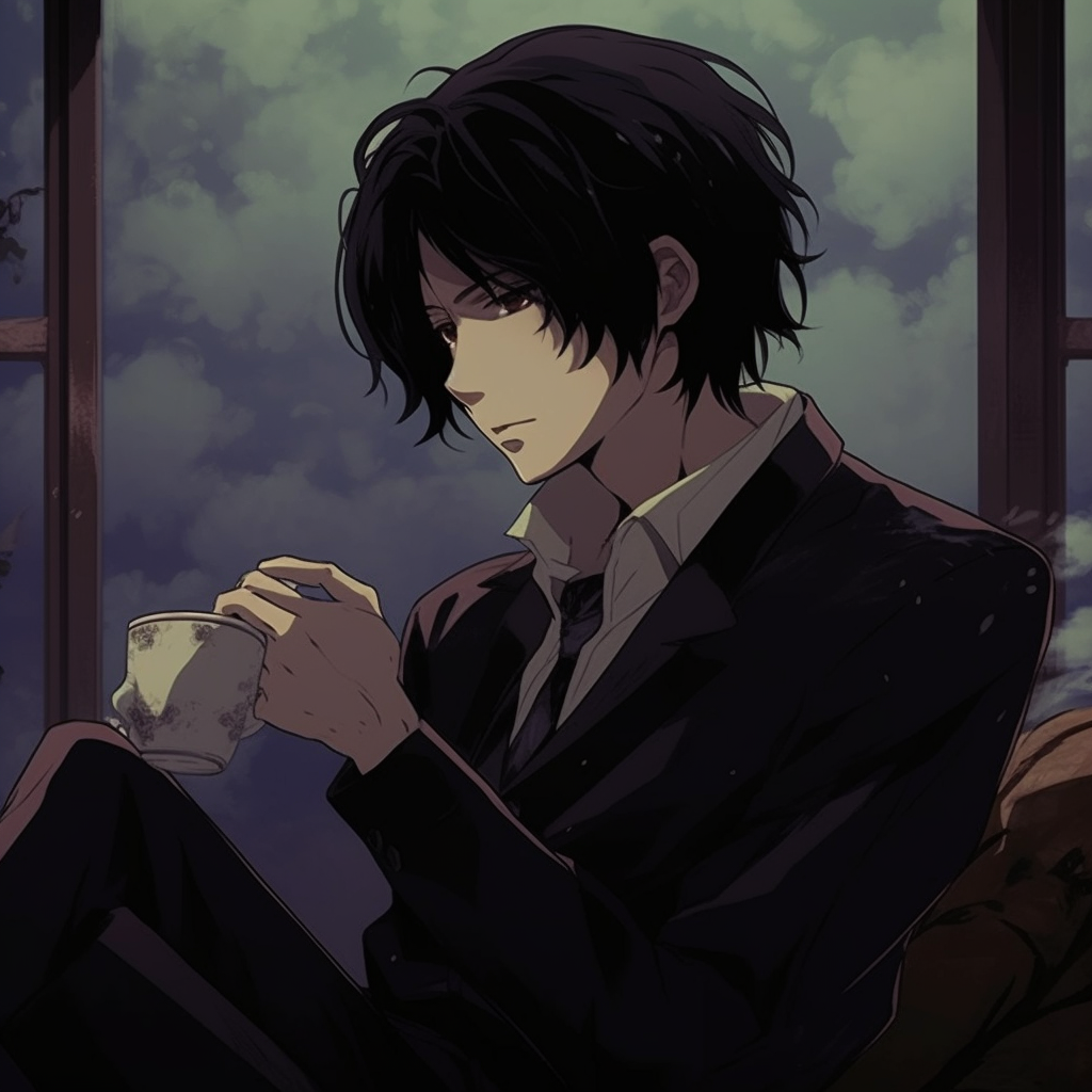 Sebastian displaying a nonchalant smirk, strong line work and detailed expressions. classy chill anime pfp