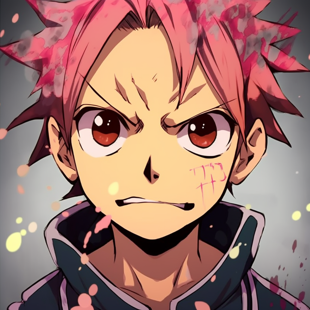 Natsu from Fairy Tail grinning broadly, emphasis on the mouth and vivid colors. brainstorming funny anime pfps