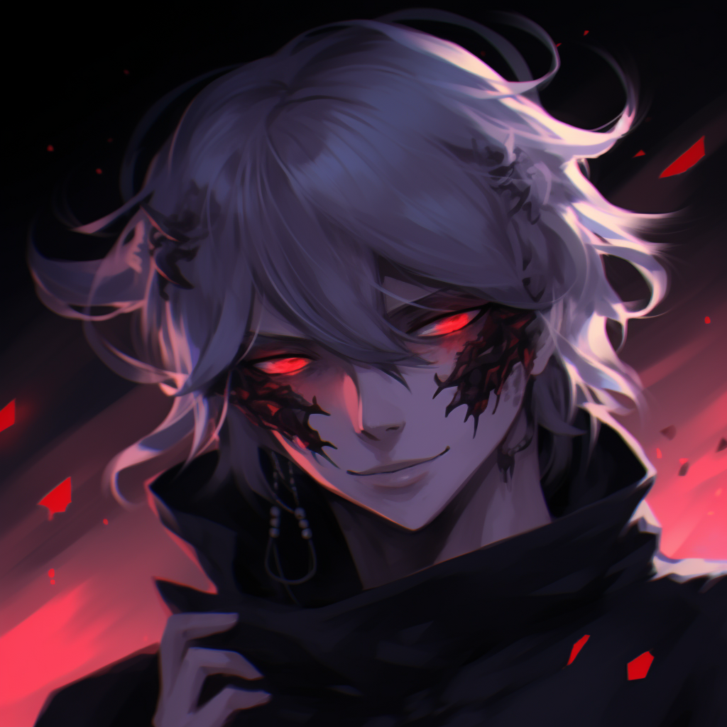 Detailed close-up, highlighting the white hair and red eyes of the demon boy. creative demon anime pfp pfp for discord.