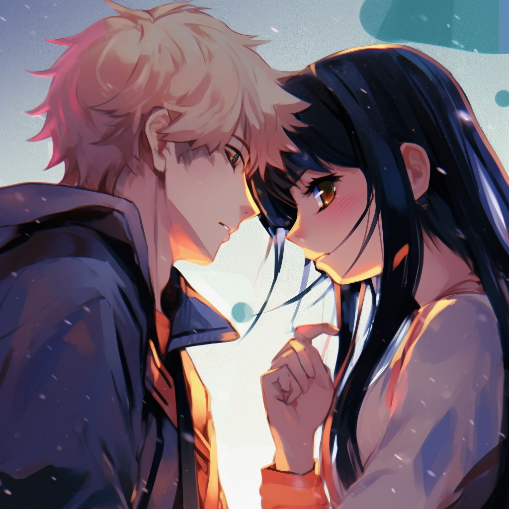 Hinata and Naruto underneath the moon, with muted color palette and strikingly detailed expressions. excellent anime pfp couple visuals pfp for discord.