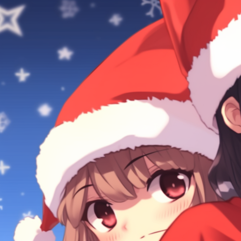 Two characters under the mistletoe, warm tones and vivid Christmas decorations. creative matching christmas aesthetic pfp pfp for discord.