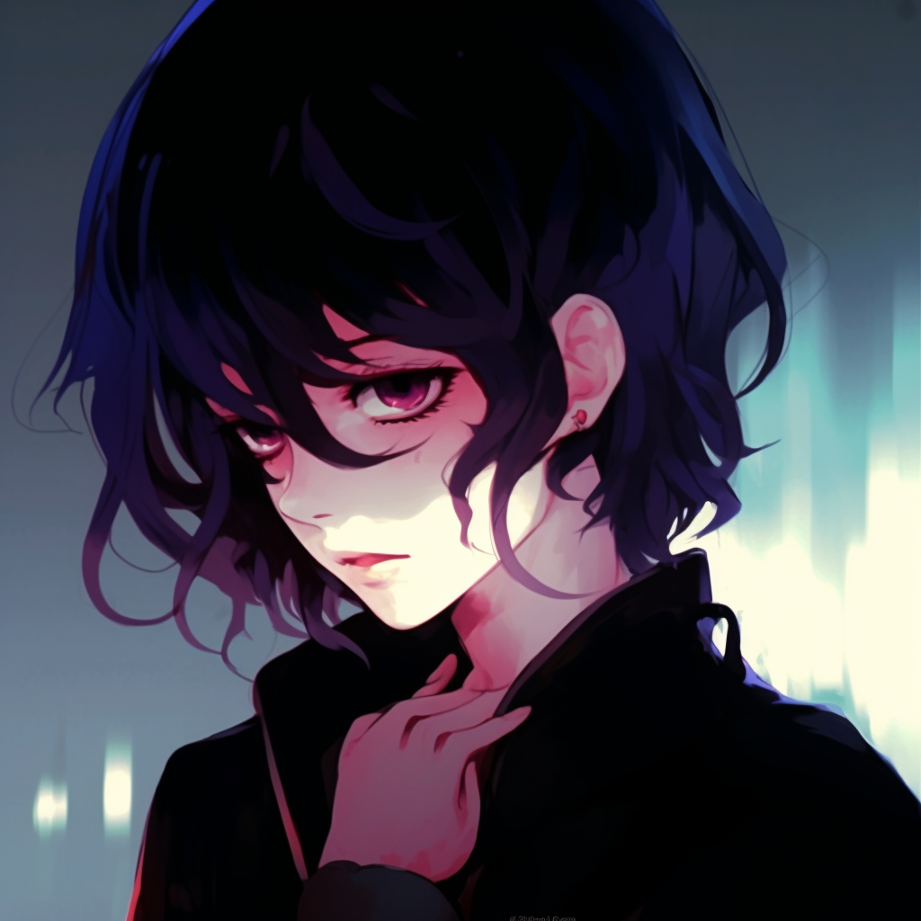 Image of an emo anime girl with unique purple hair, her mood reflected through her serious gaze and refined art style. colored emo anime pfp