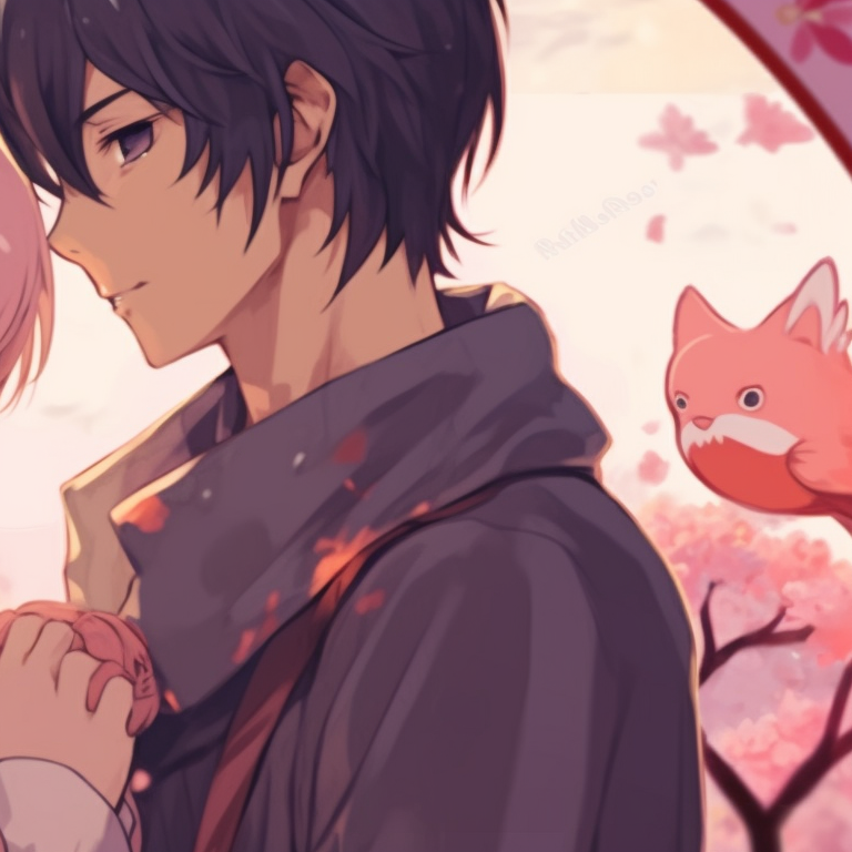 Two characters embraced under moonlight, dreamy effects and neutral tones. anime pfp matching of lovebirds pfp for discord.