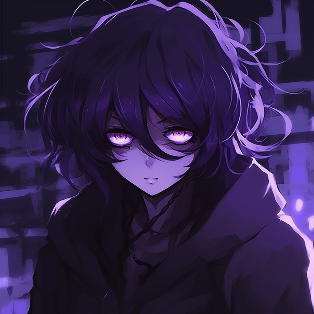 Kokichi Ouma drawn with an intense expression, unyielding gaze, and deep purple shadows for emphasis animated purple characters pfp pfp for discord.