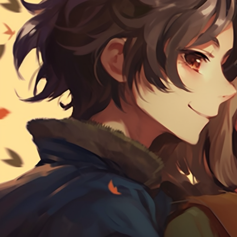 Howl and Sophie, surrounded by autumn leaves, with intricate outfit designs and warm Halloween themed colors. unseen howl's moving castle halloween themed matching pfp pfp for discord.