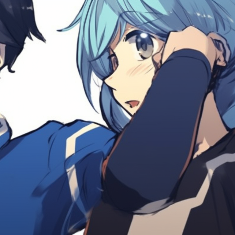 Two characters confronting each other on the football ground, detailed background and vivid hues. blue lock matching pfp - manga themes pfp for discord.