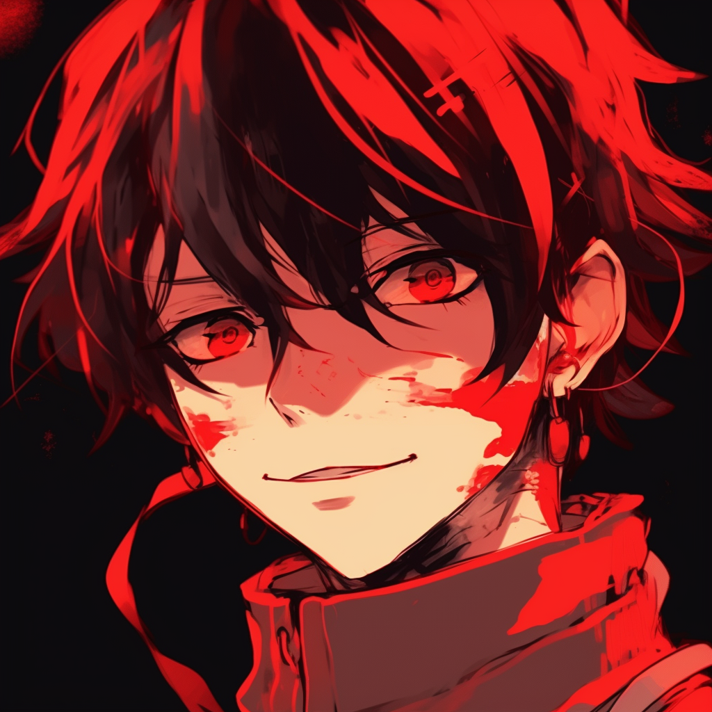 Close-up of an anime boy with a red headband, highlighting the sleek linework and vibrant red hues. adorable red anime pfp
