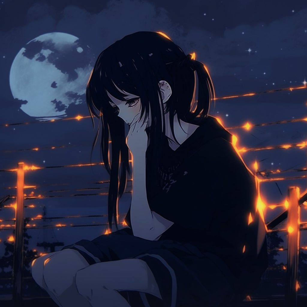 Distressed doll-like anime character, high contrast and saturated colors. anime girl aesthetics: sad pfp