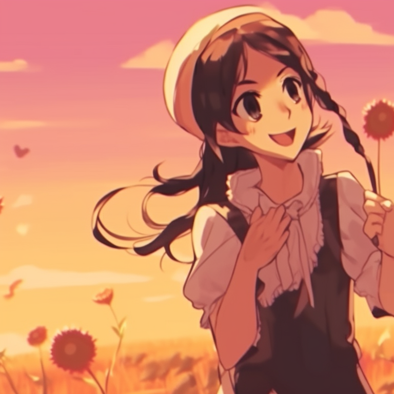 Two characters walking by sunflowers, vibrant colors, and summer feel thematic pfp pictures for best friends pfp for discord.