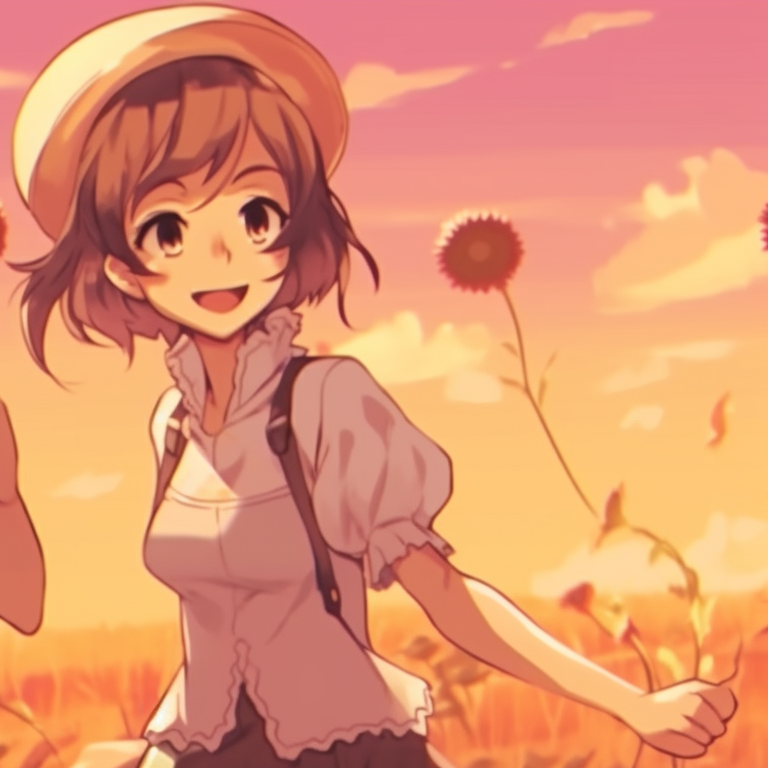 Two characters walking by sunflowers, vibrant colors, and summer feel thematic pfp pictures for best friends pfp for discord.
