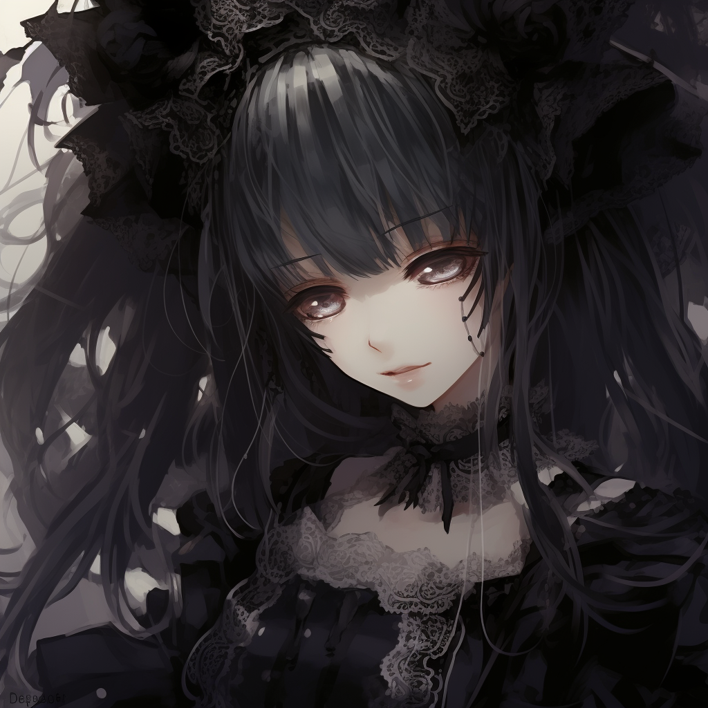 Black-gowned Gothic lolita Anime girl with intricate lace details and gothic charm. top-rated goth anime girl pfp pfp for discord.