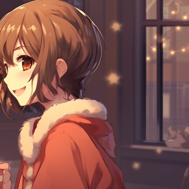 Two characters cautiously observing a Christmas ornament, soft shading and detailed patterns. unique matching anime girl christmas pfp designs pfp for discord.