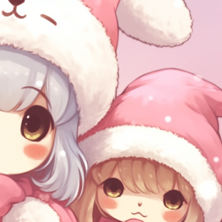 Two characters exchanging gifts, radiating joyful Christmas vibes and vibrant colors. unforgettable matching my melody christmas profile pictures pfp for discord.