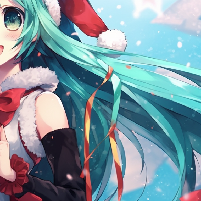 Two characters, Hatsune Miku in vibrant Christmas outfits, singing in a snowy landscape. anime theme: matching christmas hatsune miku pfp pfp for discord.