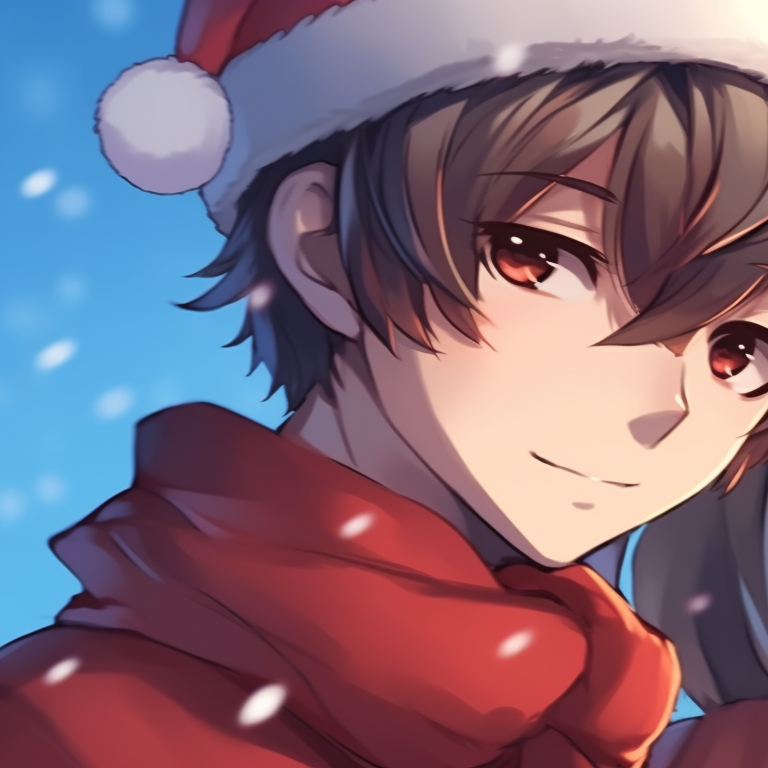 Two characters in a snowy backdrop, pastel colors and romantic expressions. romantic matching pfp christmas pfp for discord.