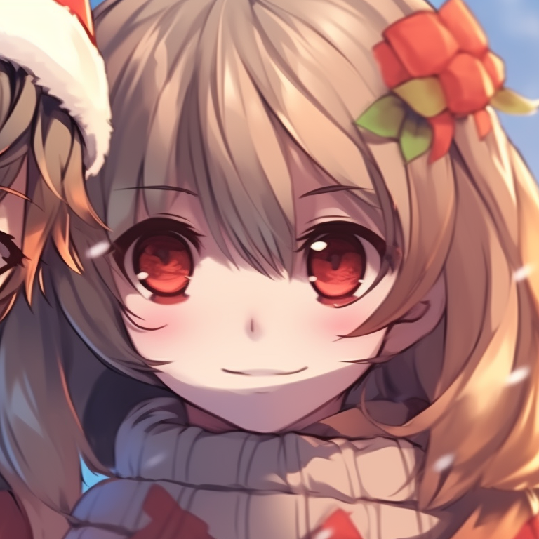 Two characters in a snowy backdrop, pastel colors and romantic expressions. romantic matching pfp christmas pfp for discord.