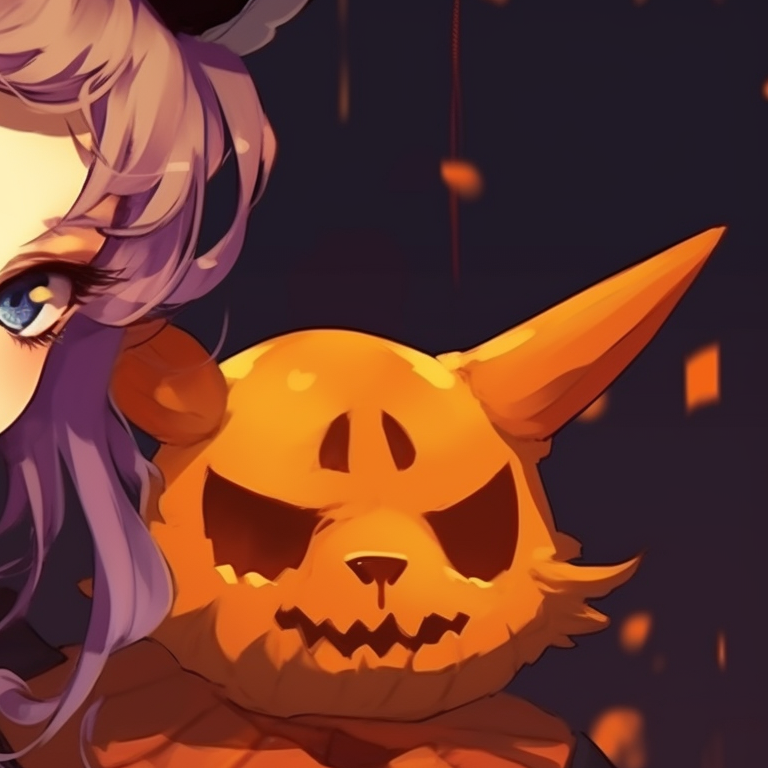 Couple in classic Halloween costumes, bold linework and rich shades of orange and black. trendy matching halloween pfp for couples in real life pfp for discord.
