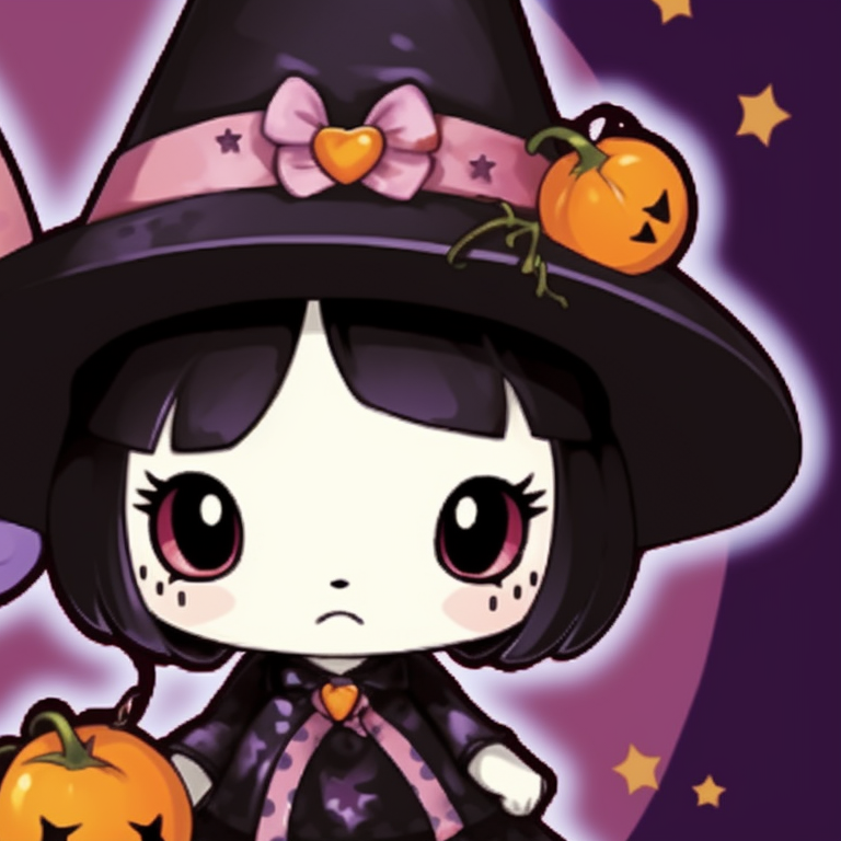 Two friendly characters in spooky My Melody costumes, strong outlines and vivid hues. my melody matching pfp halloween theme costume ideas pfp for discord.