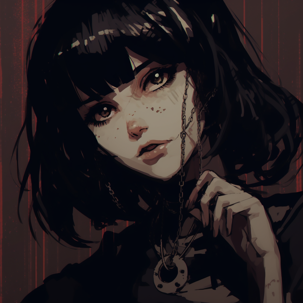 Anime girl enveloped in predominately red and black grunge shades, intense contrast. grunge anime pfp for girls