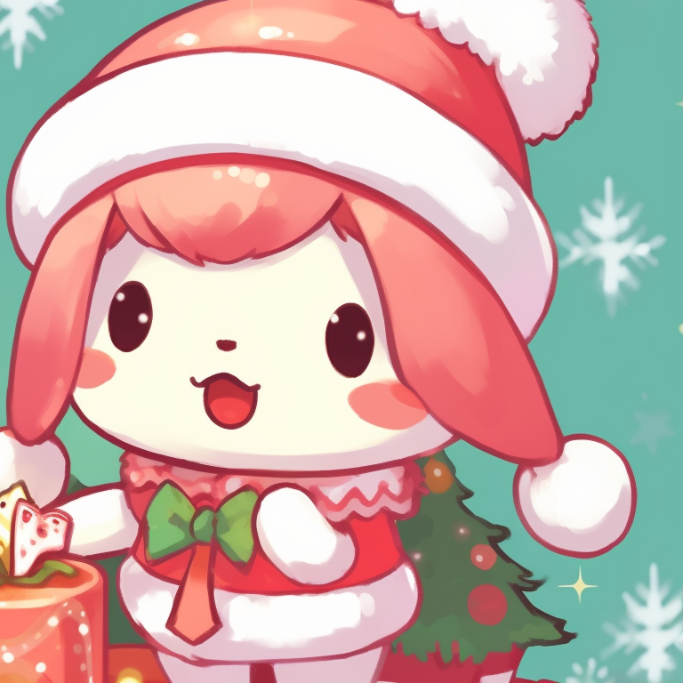 Two Sanrio characters under a Christmas tree, warm colors and detail-rich decoration. matching christmas sanrio pfp books pfp for discord.