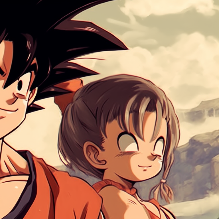 Goku and Chichi laughing together, vivid colors and a light-hearted atmosphere. goku and chichi love moments pfp for discord.