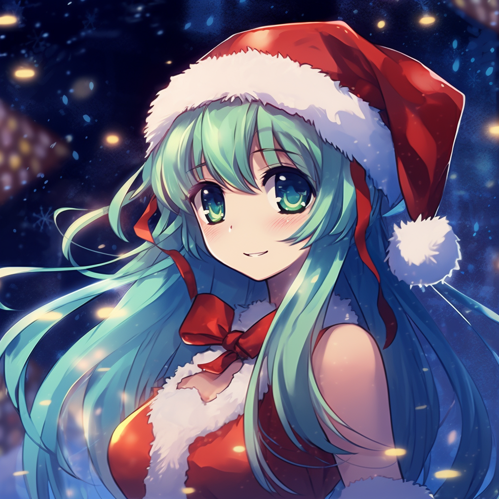 Close-up of Miku in a festive setting with Christmas decoration, detailed shading and warm tones. christmas pfp anime wallpaper