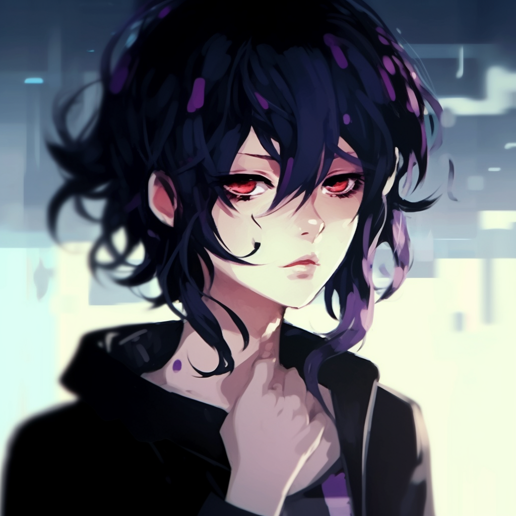 Monochrome emo anime profile picture, creating an intense atmosphere through high contrast and sharp lines. colored emo anime pfp