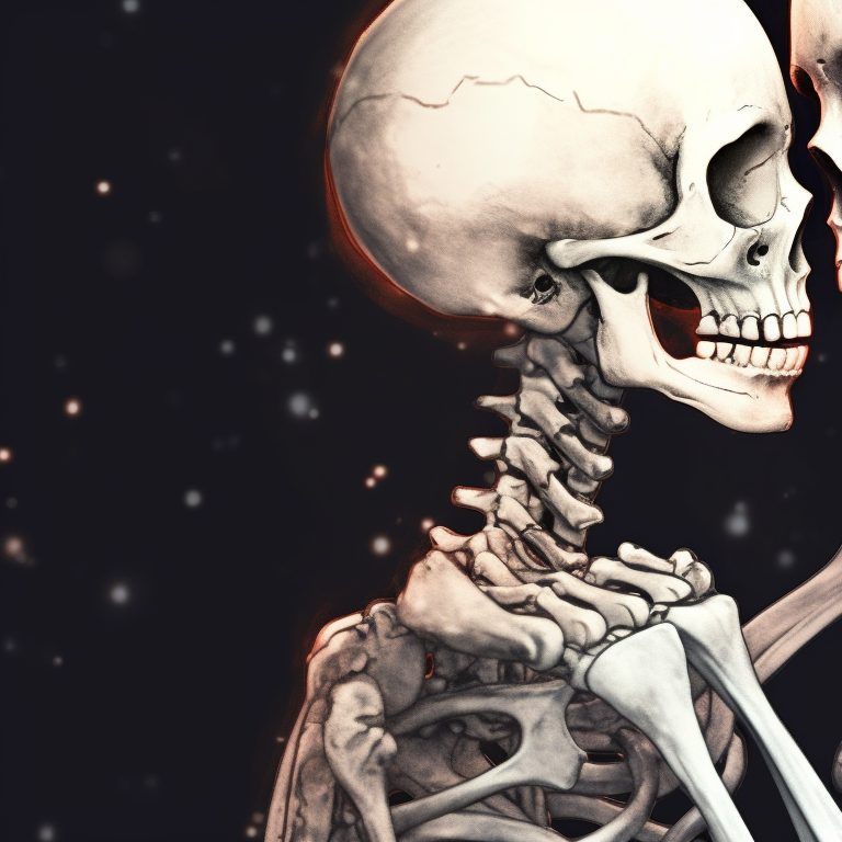 Two encrusted skeleton characters in signature holiday attire, soft luminous colors and gothic style. lovers in the afterlife - matching christmas skeleton pfp kissing pfp for discord.