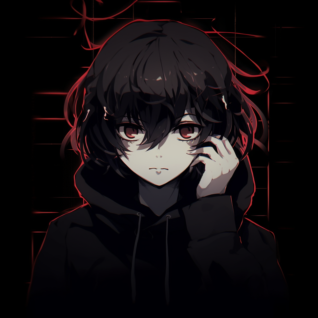 Anime boy with glowing red eyes, sinister atmosphere and contrasting glow. mysterious dark anime pfp boy