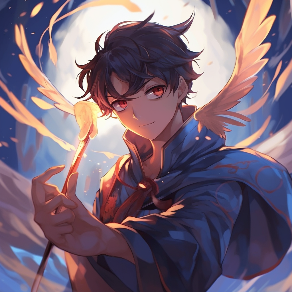 A magical anime male character flying with a staff in his hand, detailed outline and vibrant colors. mystical male anime pfp