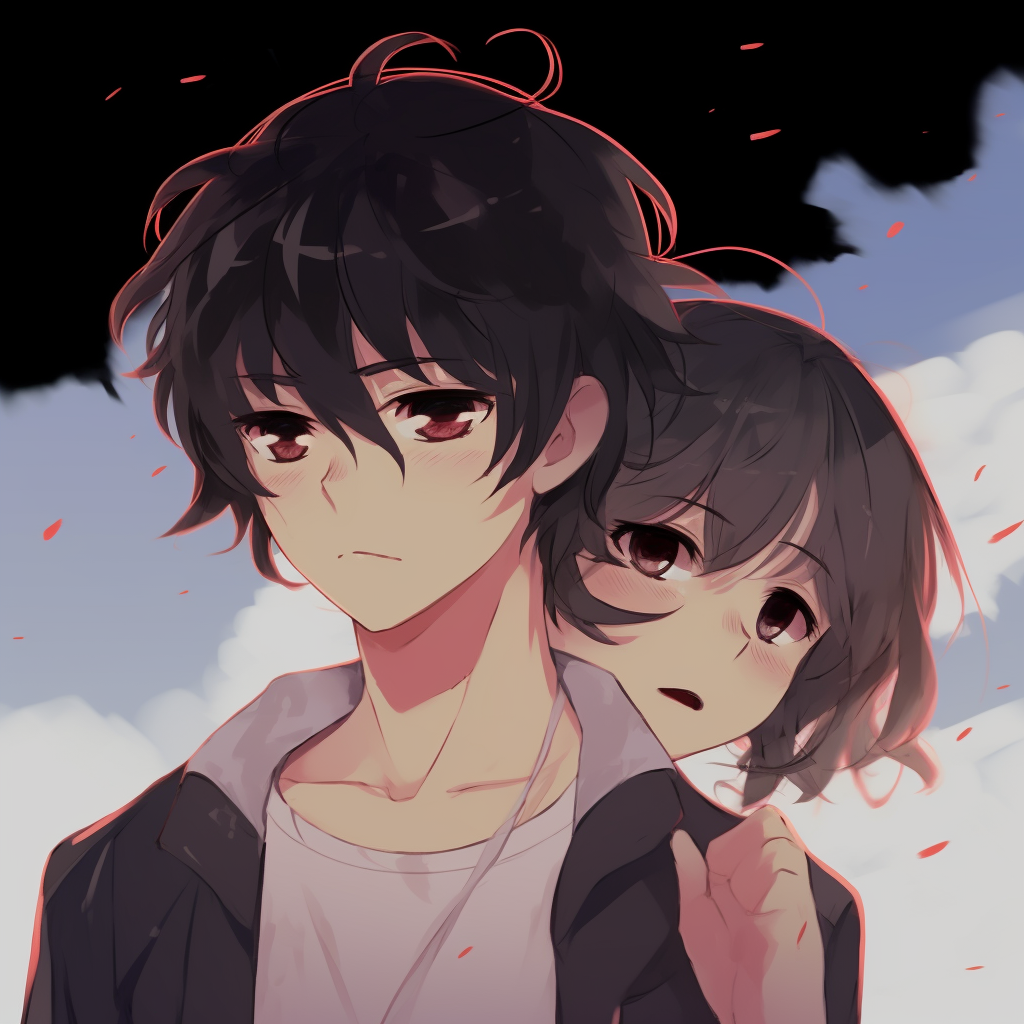 Taki and Mitsuha from Kimi no Na wa sharing a melancholic moment amidst the purple hues of twilight, neat lines and detailed expressions. anime pfp sad artworks pfp for discord.