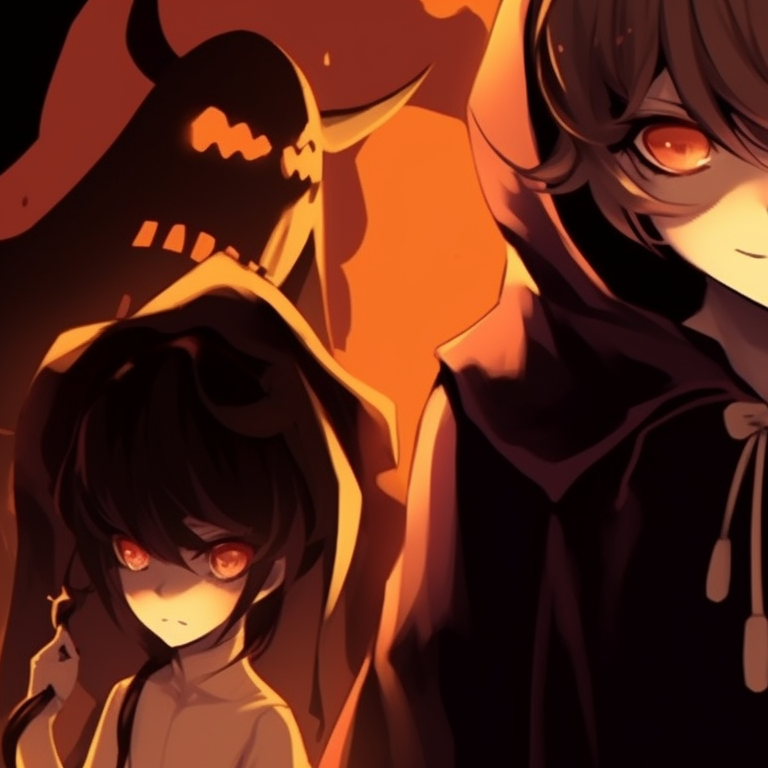 Group of characters donning pumpkin inspired outfits, vibrant colors and expressive faces. perfect halloween matching pfp for group of 5 pfp for discord.