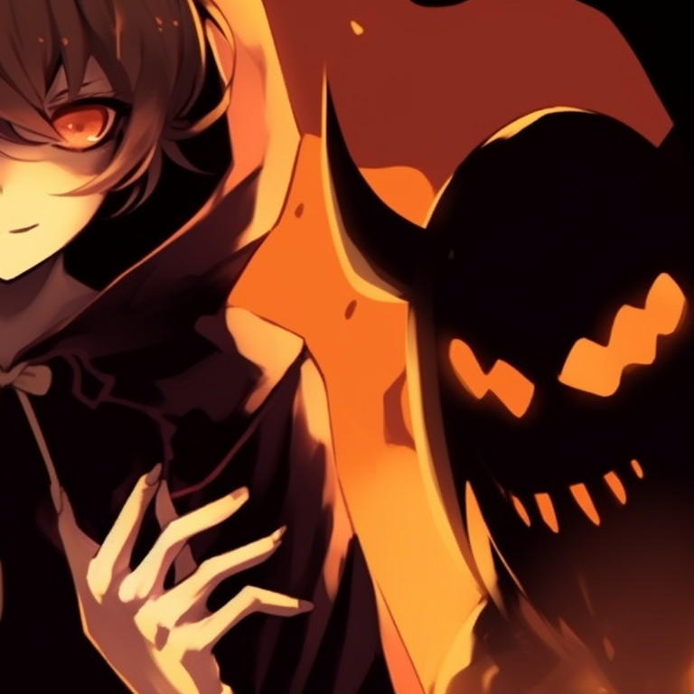 Group of characters donning pumpkin inspired outfits, vibrant colors and expressive faces. perfect halloween matching pfp for group of 5 pfp for discord.