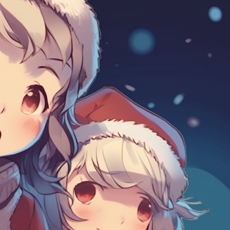 Two characters under a mistletoe, soft shadows and warm lighting, looking into each other's eyes. stunning matching christmas cartoon pfp collections pfp for discord.