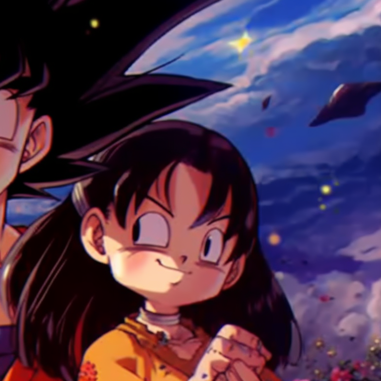 Goku and Chichi under a starry sky, soft lighting and tranquil mood. goku and chichi dragon ball art pfp for discord.