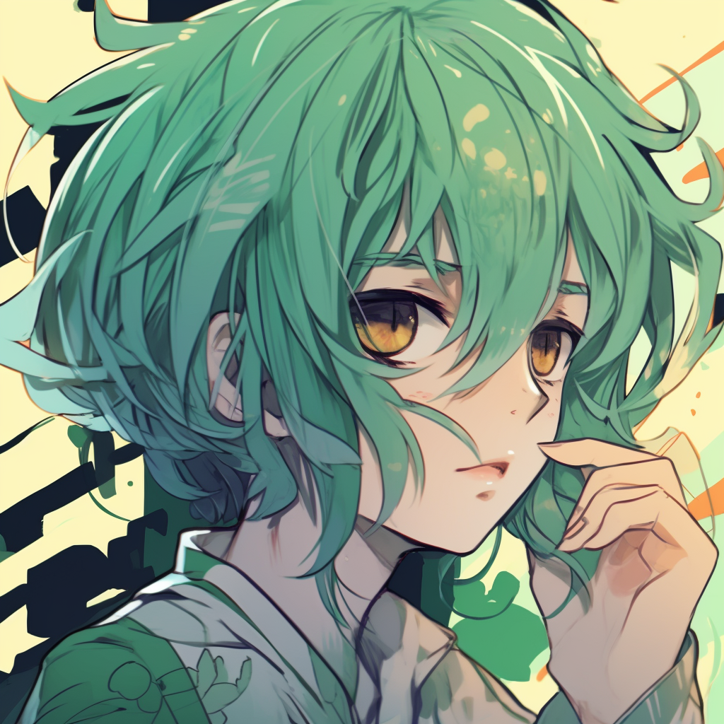 Close-up of a radiant anime character featuring vivid green hues, depth elaborated through detailed shading and highlights green anime pfp vibrant designs