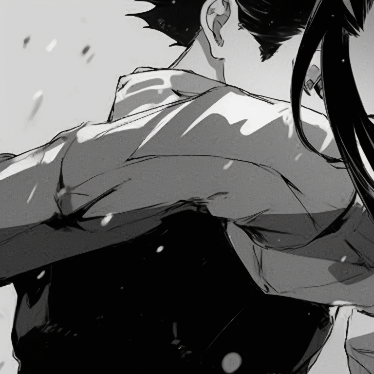 Two characters reflected in each other's eyes, detailed line art and mirrored expressions. black and white matching pfp anime styles pfp for discord.