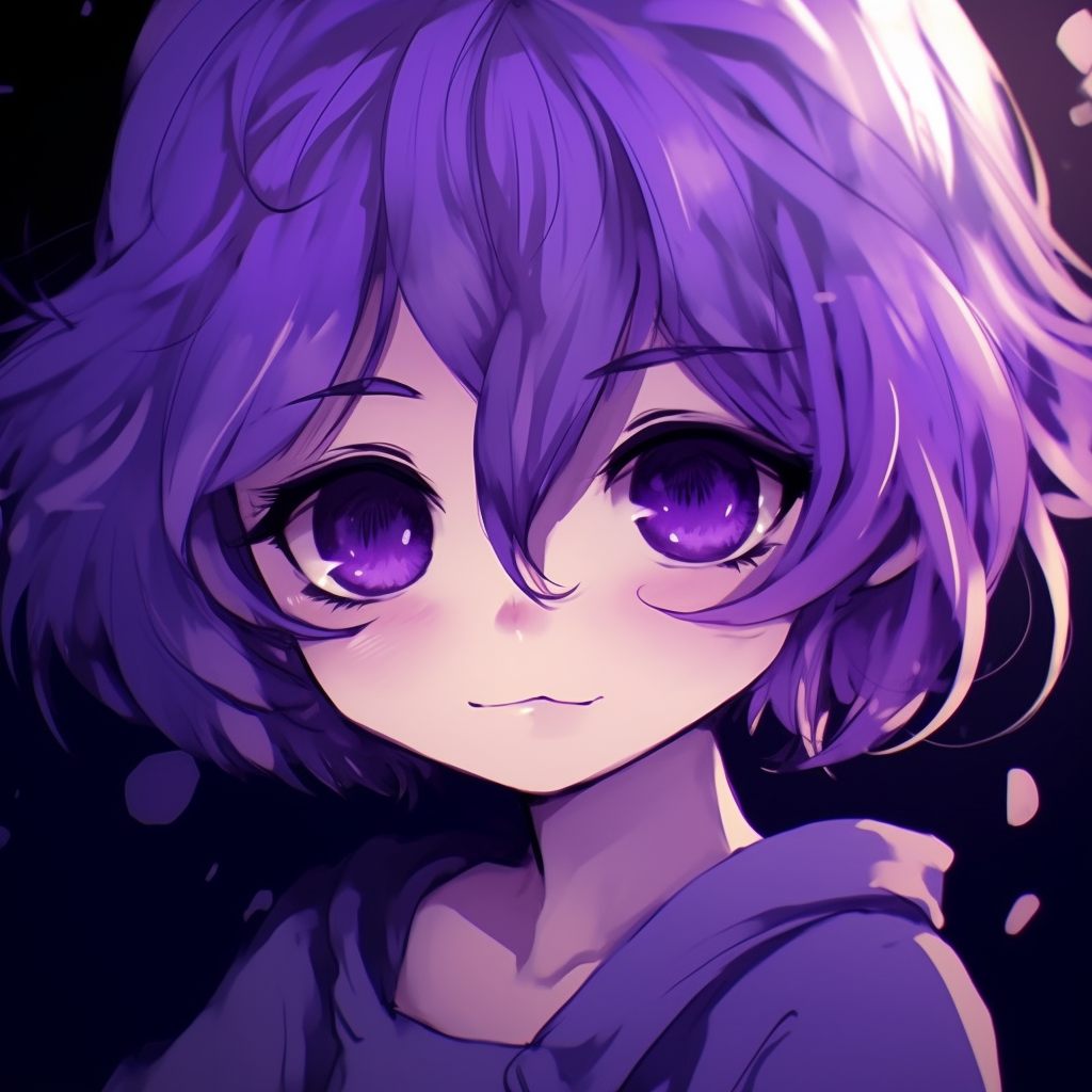 A sweet anime girl with purple hair, her big eyes full of joy. adorable purple anime pfp pfp for discord.