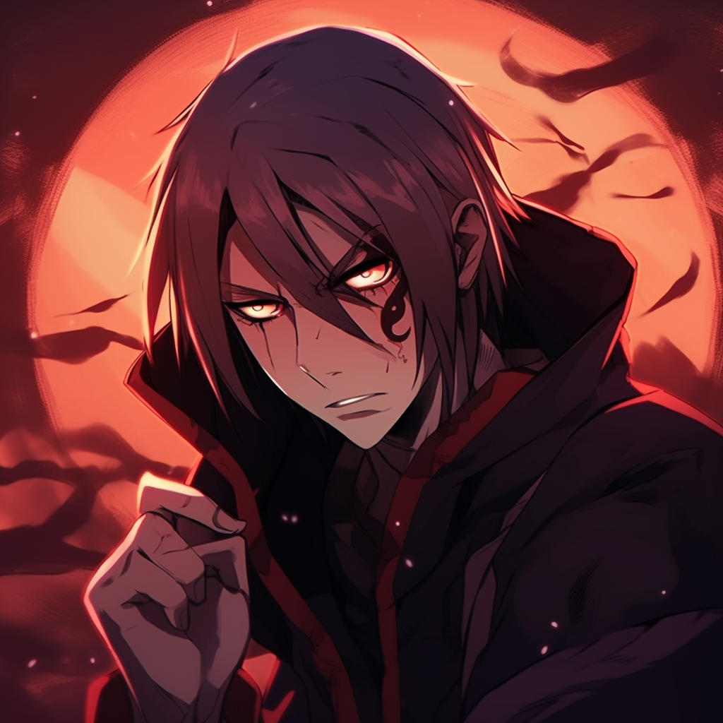 Itachi Uchiha from Akatsuki, shadowy contrasts and vibrant red hues cool pfp anime characters pfp for discord.