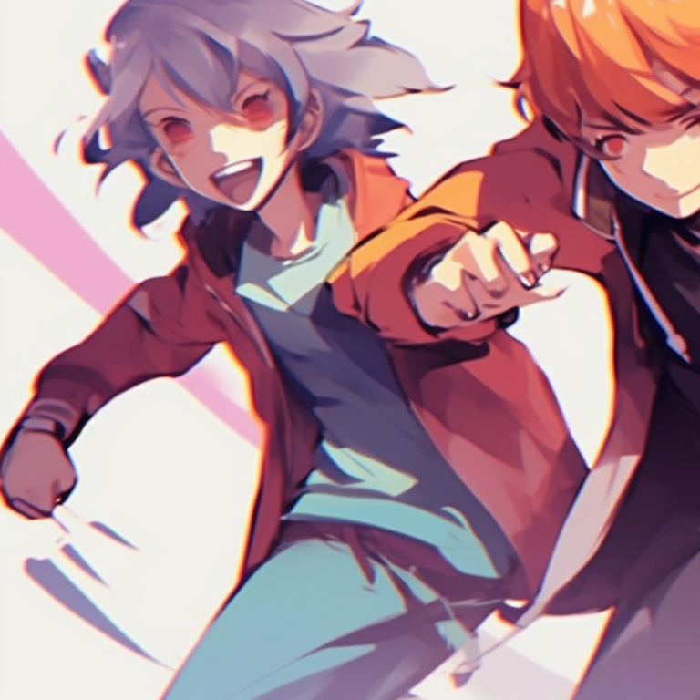 Three characters in action poses, bold colors and dynamic angles. trio pfp matching beyond anime pfp for discord.