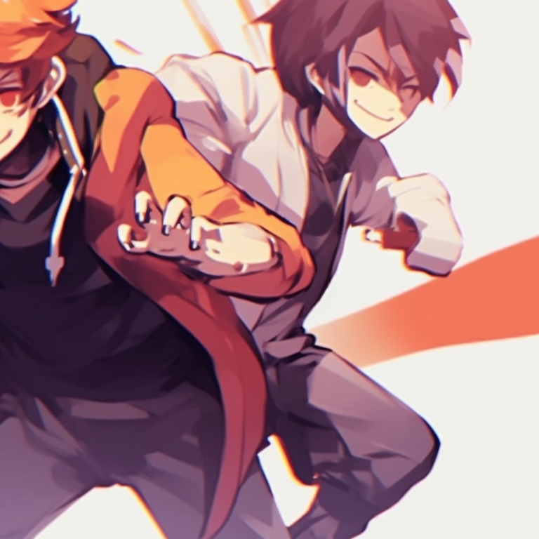 Three characters in action poses, bold colors and dynamic angles. trio pfp matching beyond anime pfp for discord.